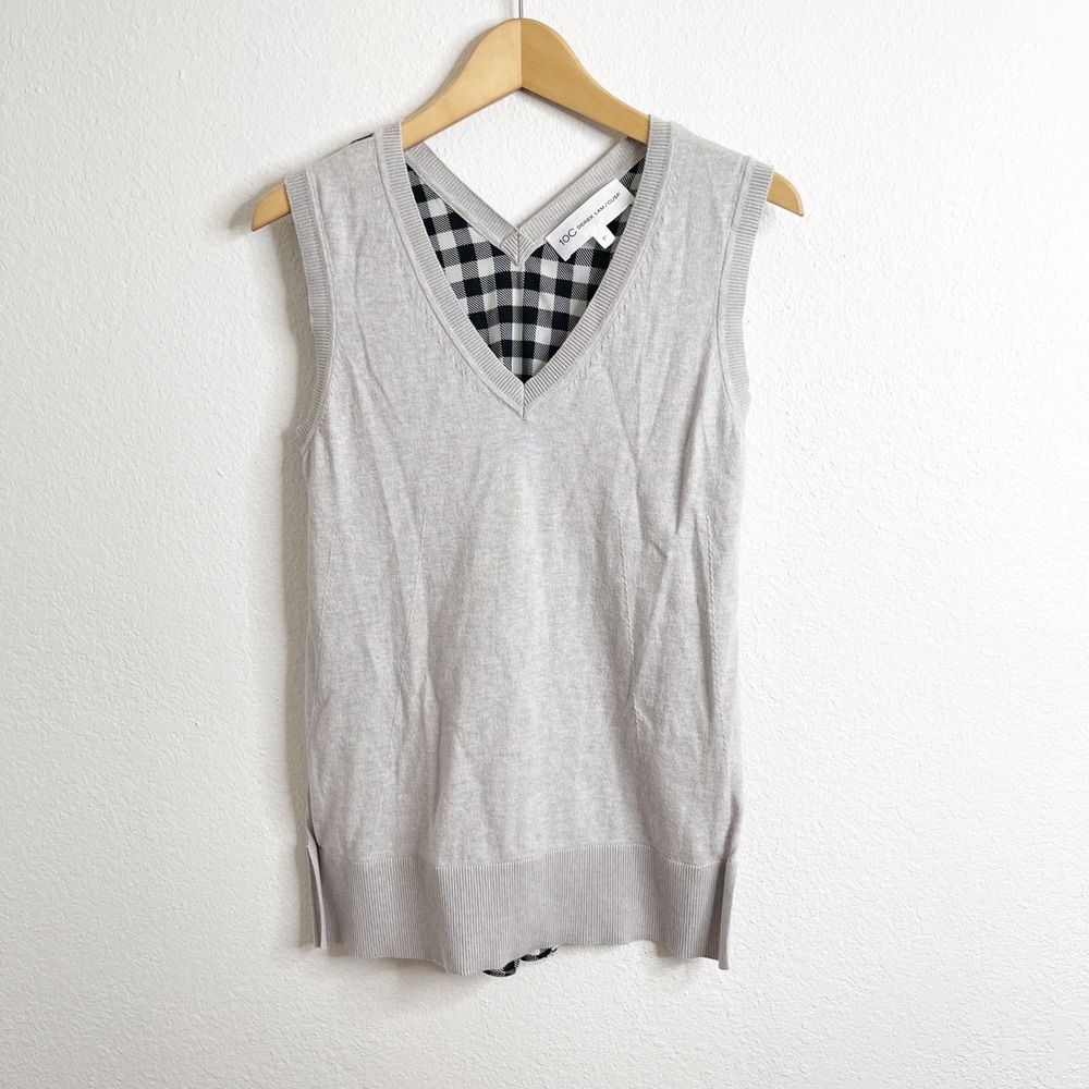 10 Crosby Derek Lam Gray Cotton Cashmere Gingham Back V-Neck Sweater Vest Size P